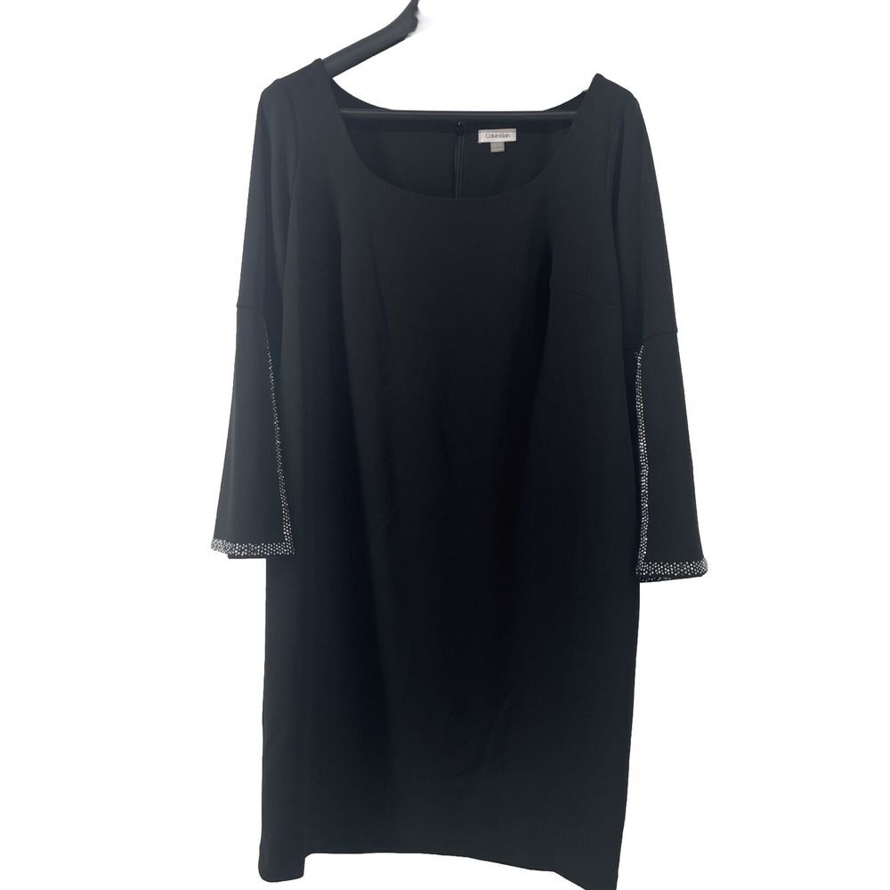 Calvin Klein Black Dress Women's 16 Flutter Rhinestone Sleeve Midi Holiday Party